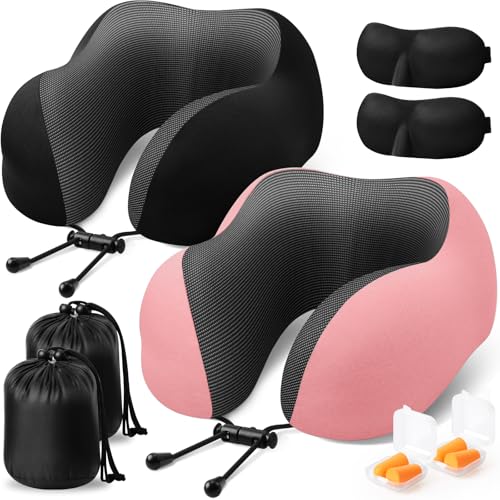 ExploreBliss Travel Pillow, 2 Pack Travel Pillows for Sleeping Airplane, Neck Pillow Airplane, Memory Foam Neck Pillow Set with Eye Mask, Earplugs and Storage Bag -Black & Pink - color: Black & Pink