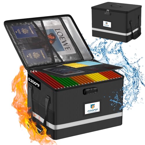 Fireproof File Box with Lock, 5200°F Document Box Storage Organizer, Suitable for Hanging File Folders in Letter Size, Collapsible Box, Reflective Strip for Fast Find (16.6*12.6*10.2, Black) - color: Black, size: 16.6"x12.6"x10.2"