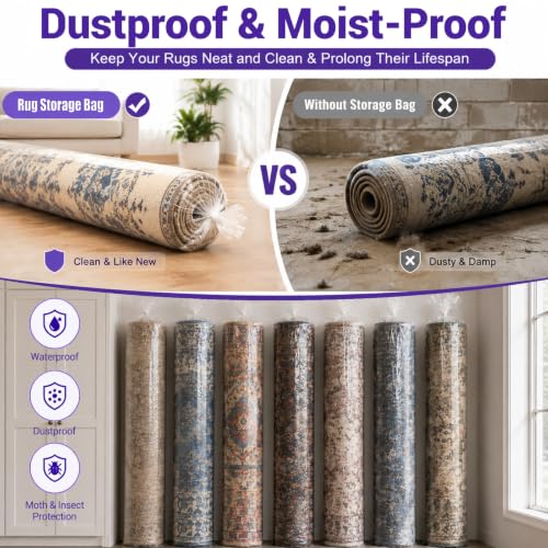 Large Plastic Rug Storage Bag, Pack of 3, Fits Rolled Rug up to 6'x 9', Heavy Duty, Transparent, Reusable, Zipper Closure - size: 6' x 9' - 3 Pack