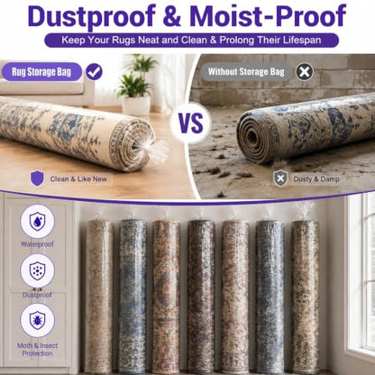 Large Plastic Rug Storage Bag, Pack of 3, Fits Rolled Rug up to 6'x 9', Heavy Duty, Transparent, Reusable, Zipper Closure - size: 6' x 9' - 3 Pack