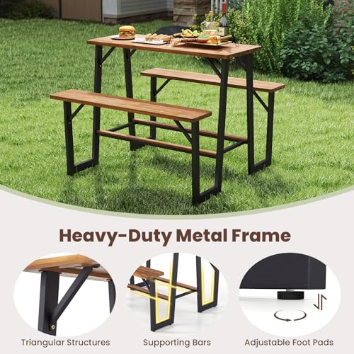 Giantex 4.5FT Picnic Table Bench Set for 4, Acacia Wood Outdoor Dining Table Set, 2" Umbrella Hole, Heavy Duty Metal Frame, Footrest Bar, Large Rectangular Tabletop for Porch Patio Lawn Garden - size: 54"×49.5"×39.5"