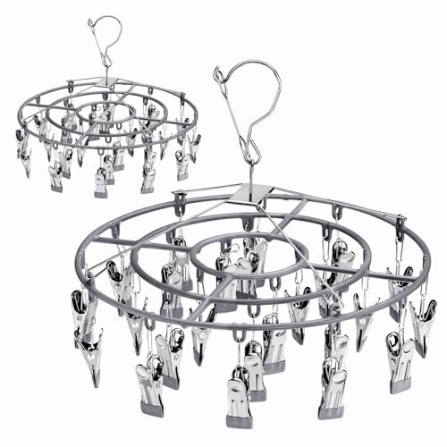 PHYDELU 2PCS Drying Rack Clothing with 24 Clips，Sock Hanger for Drying，Hanging Clothes Dryer Underwear Hangers Racks Laundry Socks Panty Wet Bra Lingerie Baby Delicates Foldable Small Indoor Metal - color: Gray (24 Clips) (2pcs)