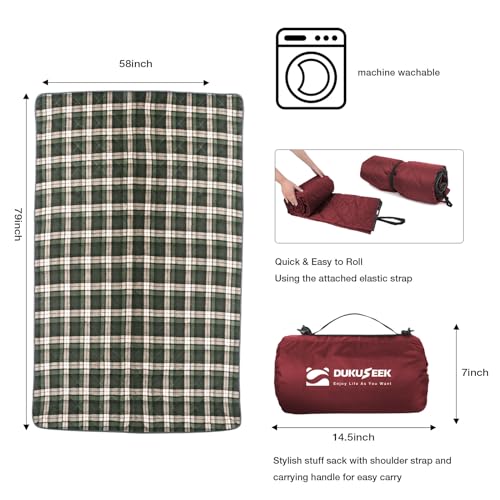 DUKUSEEK Waterproof Camping Blanket with Super Thick Fleece Lining, Large Outdoor Blanket Windproof with Foldable Hood for Camping Stadium Sporting Events,79"x 58" - color: Wine Red Outer With Blue Plaid Fleece