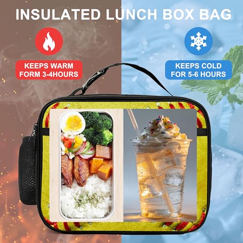 Yellow Baseball Texture Lunch Bag Insulated Reusable Lunch Box Cooler Thermal Tote Bag For Teenage Boys Girls School Beach - color: Yellow Baseball Texture