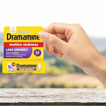Dramamine Motion Sickness Less Drowsy, for Nausea Relief During Travel, 16 Count - size: 16 Count (Pack of 1)