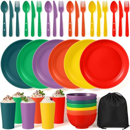 Remerry 6 Sets Camping Mess Kit with Plates Bowls Cups Spoon Fork and Knife Cutlery in 6 Colors Tableware Reusable Plastic Tableware Set for Travel Picnic Camping Necessity Home Party
