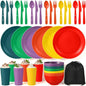 Remerry 6 Sets Camping Mess Kit with Plates Bowls Cups Spoon Fork and Knife Cutlery in 6 Colors Tableware Reusable Plastic Tableware Set for Travel Picnic Camping Necessity Home Party
