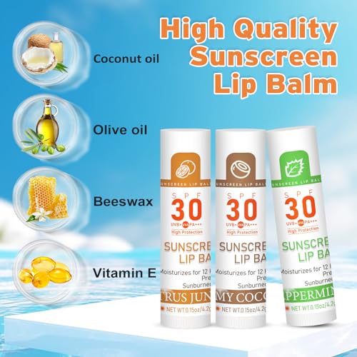 SPF 30 Sunscreen Lip Balm, Bulk Travel Size - 32 Pack, Hydrating with Vitamin E & Coconut Oil - 8 Flavors - color: 32 Count
