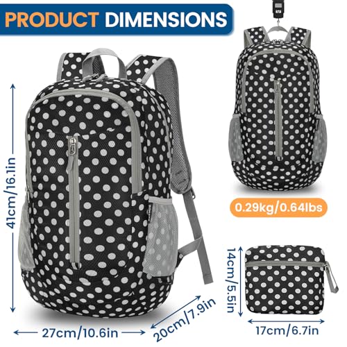 ZOMAKE Ultra Lightweight Packable Backpack 25L - Foldable Hiking Backpacks Water Resistant Small Folding Daypack for Travel(Black,White polka dots) - color: Black,white Polka Dots