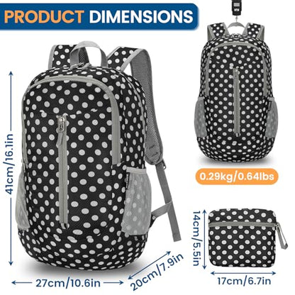 ZOMAKE Ultra Lightweight Packable Backpack 25L - Foldable Hiking Backpacks Water Resistant Small Folding Daypack for Travel(Black,White polka dots) - color: Black,white Polka Dots