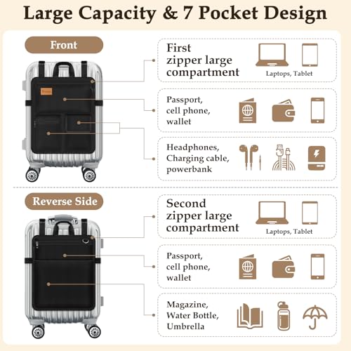 Yotako Over Luggage Organizer for Suitcase or Carry On Bag with 7 Storage Pockets-16” Laptop Sleeve with Handle and Adjustable Straps, Fits 20-30” Suitcase Travel Accessories Bag (Black)