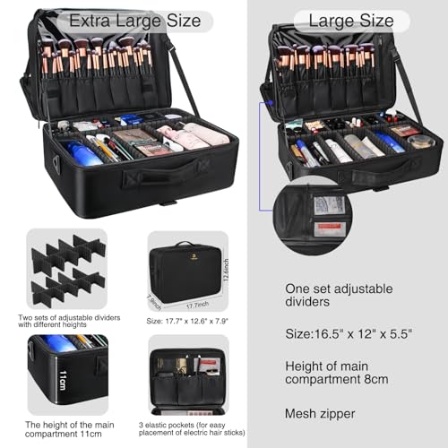 MONSTINA Extra Large Makeup Case 17 Inch Travel Makeup Train Case Professional Makeup Artist Case Nail Polish Organizer Storage Box with Two Adjustable Shoulder Strap - color: A Black, size: X Large
