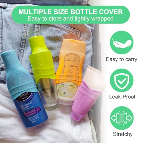 8 Pcs Silicone Bottle Covers for Travel, Leak-Proof Elastic Sleeves for Shampoo & Toiletries, Multi-Size Fit for Standard & Travel Size Bottles, Cruise & Airplane Essentials for Women & Men