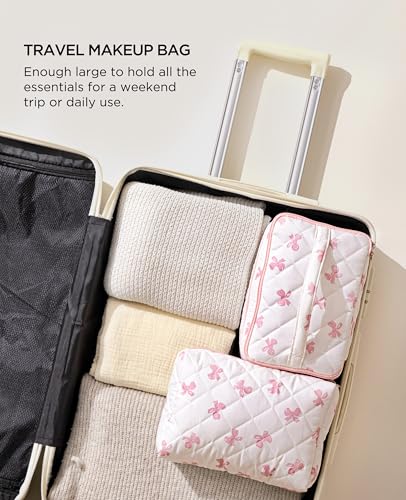 HBselect 2Pcs Travel Makeup Bag, Large Cotton Quilted Makeup Bag Cosmetic Bag Cute Make up Bag Toiletry Bags for Women Girls - color: 2PCS-BOW2