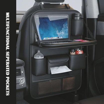 2 Pack Leather Car Backseat Organizer with Foldable Table Tray, Universal Car Seat Back Protector Kick Mat with Touchscreen Tablet Holder, Storage Pockets, Cup Holders & Tissue Holder, Black - color: Black