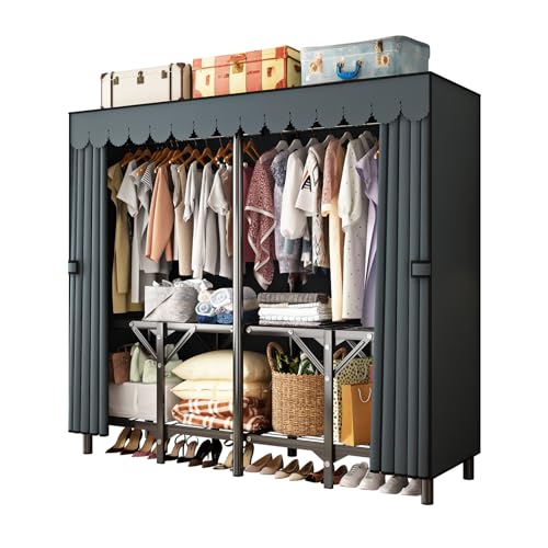 Gray Large Portable Armoire Wardrobe Closet with Foldable Clothing Wardrobe 25MM Steel Pipe Metal Frame Clothes Rack,One Piece Folding Design - size: 59.1 x 17.7 x 66.9 inches