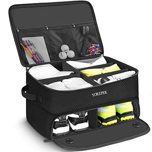 YOREPEK 2 Layer Golf Trunk Organizer, Golf Gifts for Men with Separate Ventilated Compartment for 2 Pair Shoes, Waterproof Car Trunk Locker for Balls, Tees, Clothes, Gloves, Gifts for Golfers - color: Standard-Black
