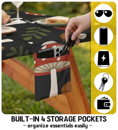 Picnic Table Cover with Bench Covers Elastic Tablecloth Camping Essentials Table Cloth Outdoor Glamping Cool Unique Fun Ideas Birthday Camping Gifts for Mother Mama Mommy Mom from Daughter Son Black - color: Black mushrooms, size: 96in