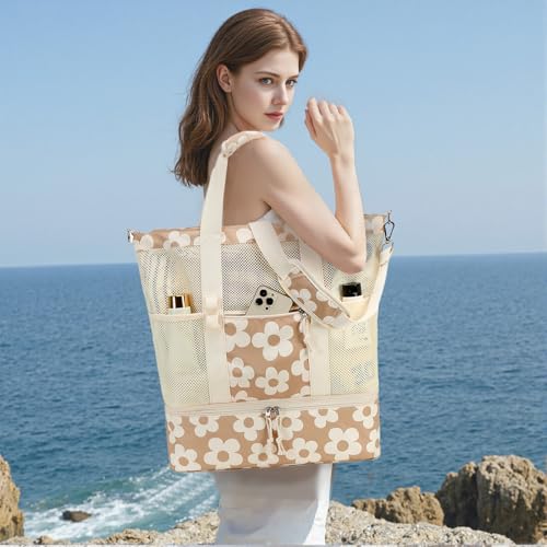 Bluboon Mesh Beach Tote Bag with Cooler Compartment Insulated Detachable Picnic Bag with Zipper and Pocket Pool Bag for Women - color: A-big Flower 157
