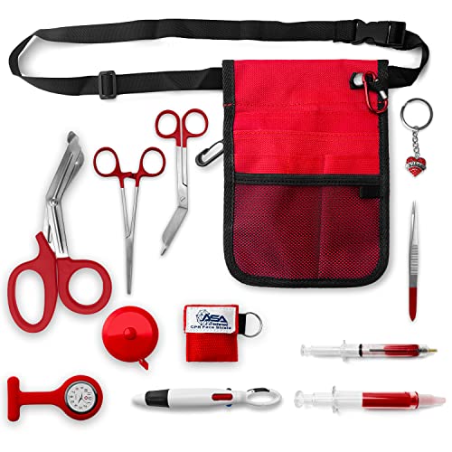 ASA TECHMED Nurse Utility Belt – Complete Medical Belt Utility Kit, Pro Pack Pocket Organizer Pouch Hip Bag for EMT, CNA, NP, PA, Student, Red - color: Red