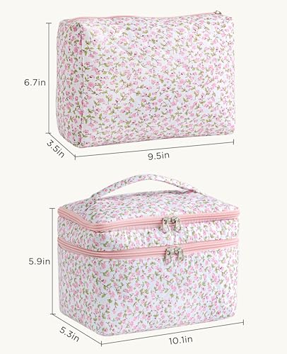 HBselect 2Pcs Travel Makeup Bag, Large Cotton Quilted Makeup Bag Cosmetic Bag Cute Make up Bag Toiletry Bags for Women Girls - color: 2PCS-FLOWER2