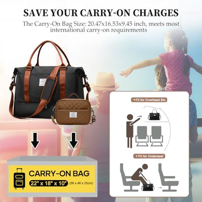 Weekender Bags for Women,Extra Large Travel Duffle Overnight Bag with Shoe Compartment,Personal Item Carry On Bag with Grid Toiletry Bag,Black & Brown - color: BlackBrown-2230, size: Extra Large