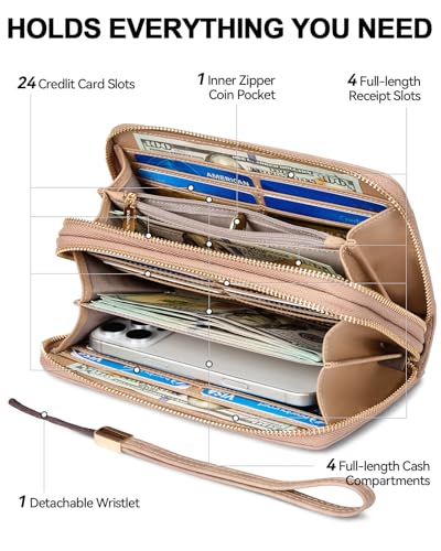 BOSTANTEN Wallets for Women Leather RFID Double Zipper Around Credit Card Holder Large Capacity Wristlet Clutch Wallet - color: Skin Tone