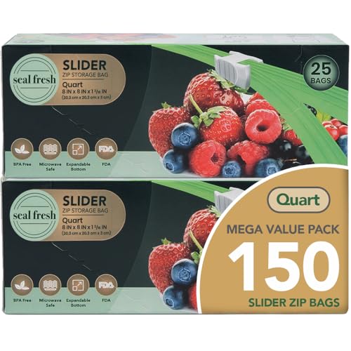 Seal Fresh Quart Slider Storage Bags 150 Pack — Reusable Freezer Bags with Expandable Bottom, BPA Free, Microwave Safe, Clear Quart Food Storage Bags - color: Value Pack, size: 2 Pints
