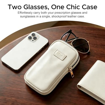 KINIVA Double Eyeglass Case for Men Women, 2-in-1 PU Dual Sunglasses Case, Scratch-Proof Travel Eyeglass Holder for Purse Car - style: White Smooth