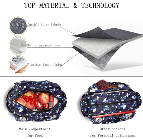 Extra Large Insulated Lunch Tote Bag for Women Men, Leakproof Cooler Lunch Box Shoulder Purse with Side Pockets for Work - Blue Flower - color: Blue flower