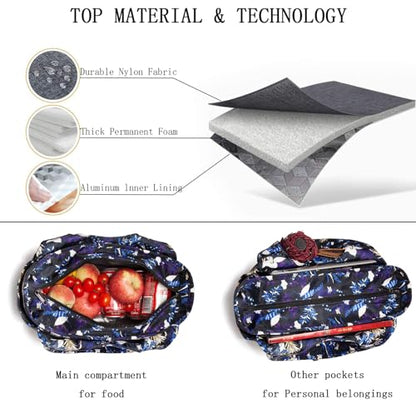 Extra Large Insulated Lunch Tote Bag for Women Men, Leakproof Cooler Lunch Box Shoulder Purse with Side Pockets for Work - Blue Flower - color: Blue flower
