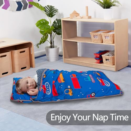 Primlect Thickened Toddler Nap Mat with Removable Pillow and Minky Blanket, Extra Large 55''x35'' Sleeping Bag, Washable, Roll up, Perfect for Daycare, Preschool, Kindergarten, Boys and Girls Blue Car - color: Blue Car