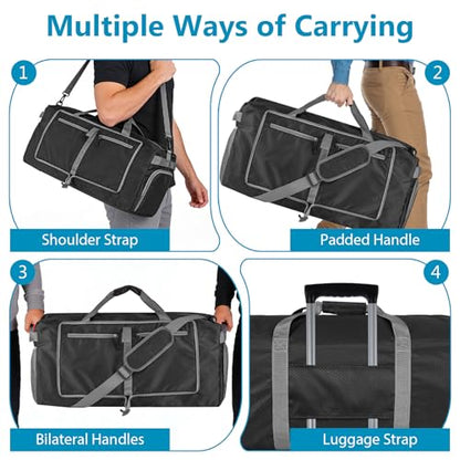 60L Duffle Bag with Shoes Compartment - Foldable&Large Capacity Travel Duffel Bags, Lightweight & Water-Resistant Gym Bag - Black - color: 60L-Black