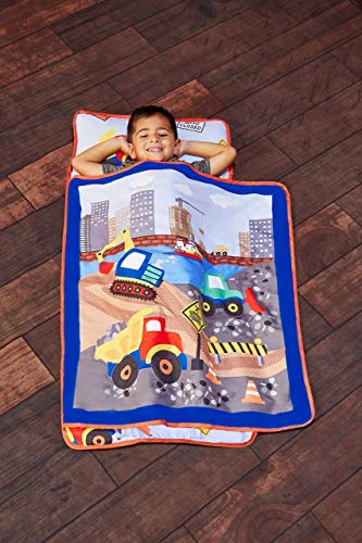 EVERYDAY KIDS Toddler Nap Mat with Removable Pillow -Under Construction- Carry Handle with Fastening Straps Closure, Rollup Design, Soft Microfiber for Preschool, Daycare, Sleeping Bag -Ages 2-6 years - color: Under Construction