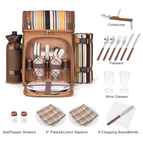 ALLCAMP Picnic Backpack - Insulated Cooler Bag with Compartment, Detachable Wine Glass Holder, Throw Blanket & Cutlery Set,2 Person Picnic Set for Family Outings, Couple Gifts (Brown) - color: Brown, size: 2 person