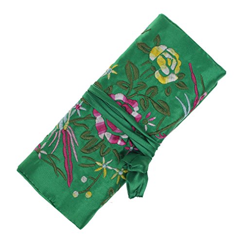 Dark Green Silk Jewelry Organizer Roll for Travel – Vintage Embroidery Storage Bag with Zippered Pockets, Foldable Pouch for Rings, Necklaces & Earrings, Compact Luxury Gift - color: Dark Green