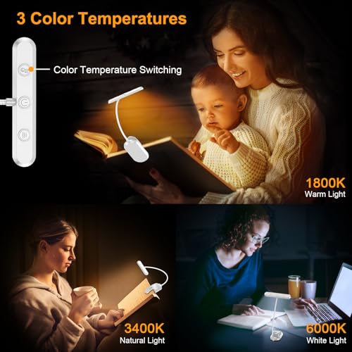 Gritin Rechargeable Book Light for Reading in Bed with 19 LED &Memory Function-Eye Caring 3 Color Temperatures,5 Brightness Levels,90 Hrs Runtime Flexible Goose Neck Clip on Light-White - color: White