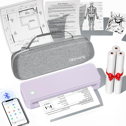 Gloryang Inkless Portable Printer for Travel, Wireless Thermal Printer Supports 8.5 x 11 Inch US Letter Size, Bluetooth Machine Includes Carry Case and 3 Rolls of Thermal Paper Kit, Purple - color: Purple