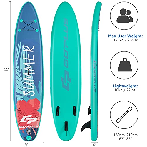 Goplus Inflatable Stand up Paddle Board, 10'/10.5'/11' SUP 6" Thick with Premium Accessories, Adjustable Aluminum Paddle, Leash, Carry Bag, Hand Pump, Removable Fin, ISUP for Adults - size: 11 FT, style: Green