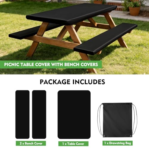 Picnic Table Cover with Bench Covers, Fitted 6ft Waterproof Tablecloth Set for Outdoor Camping & RV - Includes 1 Table Cover & 2 Bench Covers with Drawstring Storage Bag, 30"x72", Solid Black - color: Black