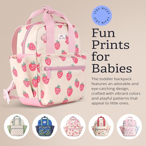 Itzy Ritzy Toddler Backpack - Daycare Bag - Features Adjustable Shoulder Straps, 2 Side Pockets & Spacious Interior with Wipeable Fabric Lining & Name Label, Strawberry Backpack - color: Strawberry