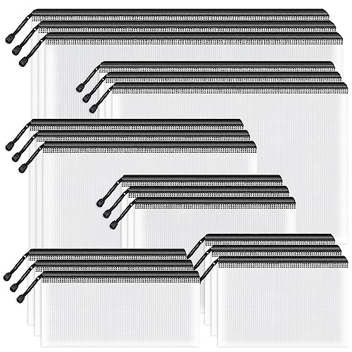 Umriox Zipper Mesh Document Pouch, 6 Assorted Size (Black, 18 Packs), Clear Zipper Pouches, Waterproof Travel Pouch for Office Supplies, Puzzles, Board Games and Craft Projects - style: Black-18pcs