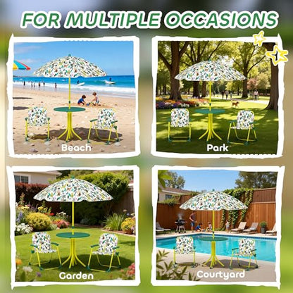 Qaba Kids Picnic Table and Chair Set, Outdoor Activity Table with Foldable Chairs, Removable Umbrella, Monkey and Giraffe Pattern Toddler Patio Furniture for Backyard, Garden, Green