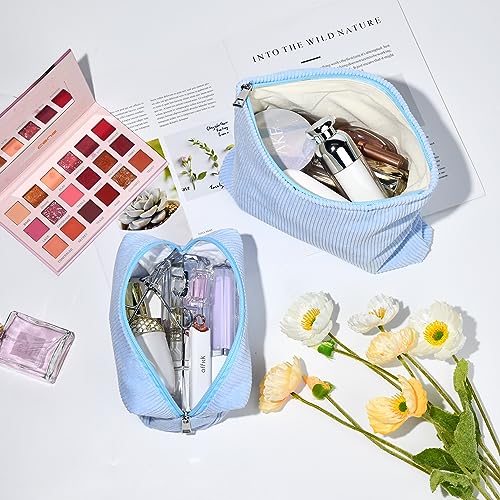 SOIDRAM 2 Pieces Makeup Bag Large Corduroy Cosmetic Bag Capacity Canvas Mix Travel Toiletry Bag Organizer Cute Makeup Brushes Aesthetic Accessories Storage Bag for Women, Corduroy Mix Blue - color: Corduroy Blue