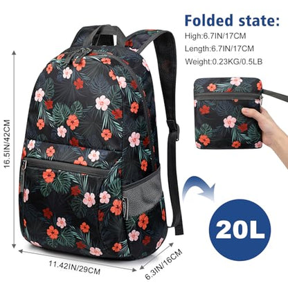 G4Free 20L Small Foldable Ultralight Waterproof Backpack for Camping Hiking Cycling Men Women - color: B-flower Black