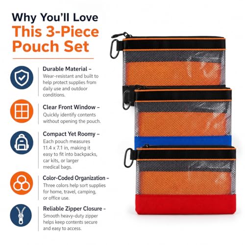 3 Packs Empty First Aid Kit Bag with Carabiner, First Aid Pouch for Home Office Travel Camping Outdoor Activities, Multifunction Emergency Medicine Storage Bag- 11.4x7 inch(Bag Only)