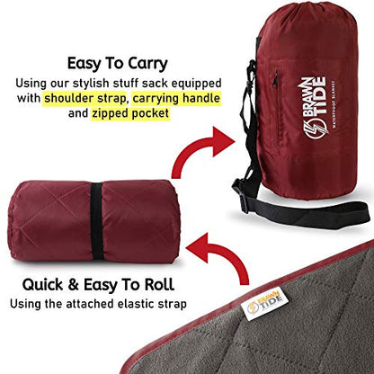 BRAWNTIDE Large Waterproof Outdoor Blanket, Extra Thick Fleece, Warm, Windproof & Sandproof, Quilted Stadium Blanket for Sports Events, Beach, Camping, Picnics, Dogs & Car, 82" x 55 - color: Wine