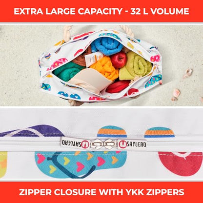 Beach Bag and Pool Bag Has Cooler Pocket, 7 Pockets Total, Zip Top. Family Size Waterproof Beach Tote - color: Funky Flip Flops