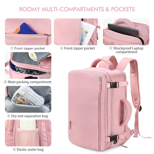 Beraliy Large Travel Backpack for Women, Personal Item Bag Airline Approved, Carry On Luggage, 17 inch Laptop Backpack, Waterproof Backpack, Hiking Backpack, Pink - color: Pink, size: X-Large