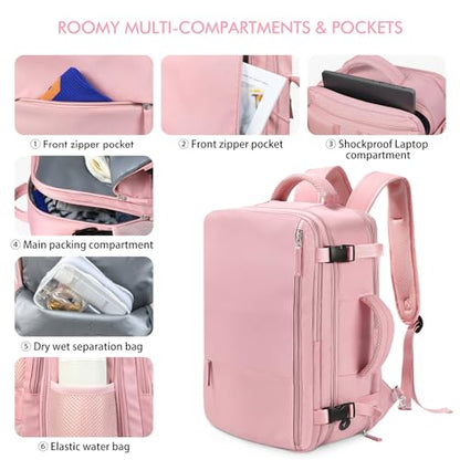 Beraliy Large Travel Backpack for Women, Personal Item Bag Airline Approved, Carry On Luggage, 17 inch Laptop Backpack, Waterproof Backpack, Hiking Backpack, Pink - color: Pink, size: X-Large